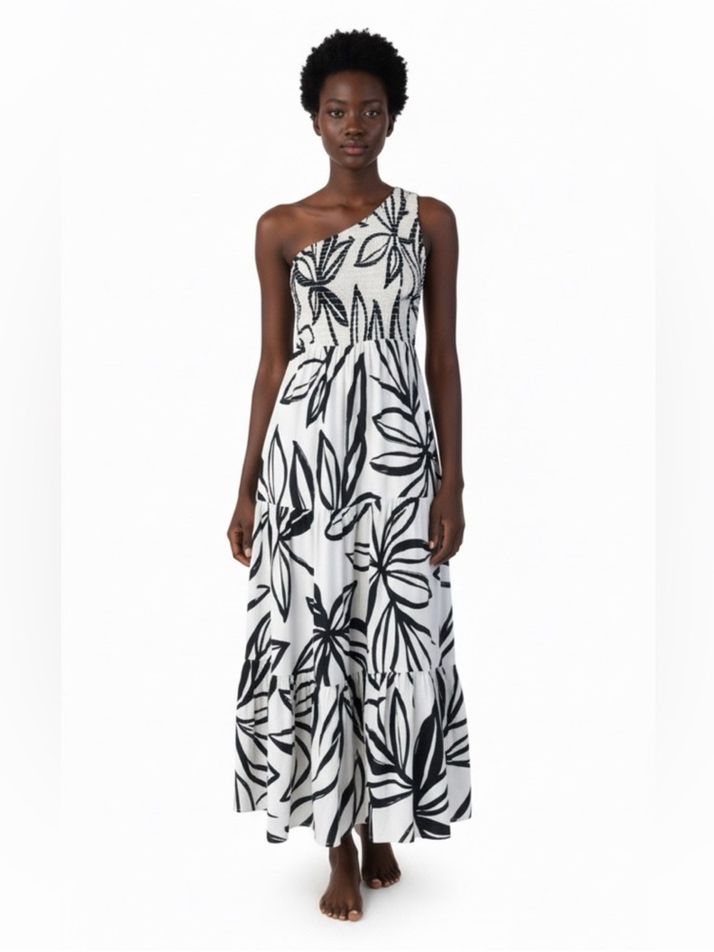 One-Shoulder Black & White Floral Maxi Dress with Smocked Bodice